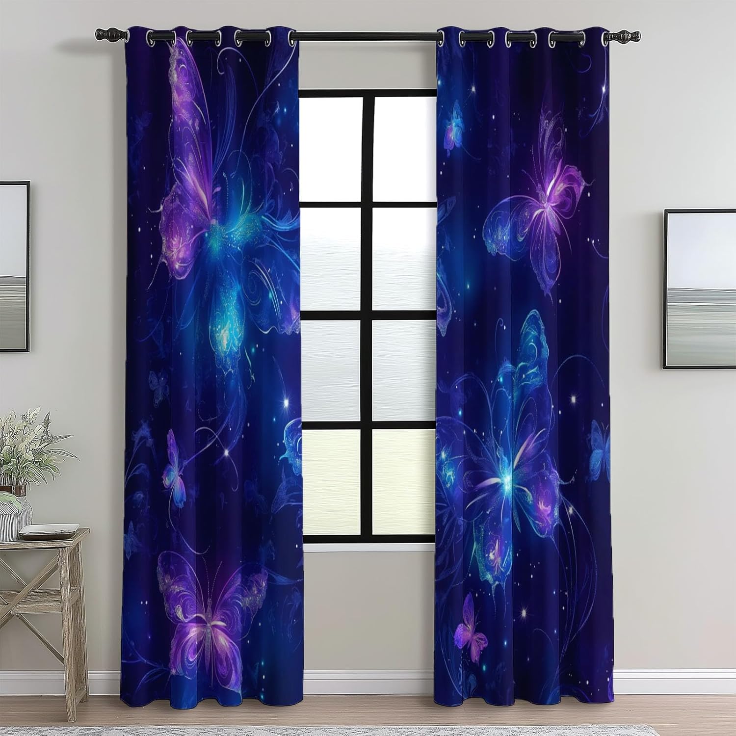 Blackout Curtains Bedroom Fantasy Style Glowing Butterfly Pattern, Geo-Thermal Insulated Energy Efficiency Window Treatment Sets Grommet Drapes for Kids Room 52" W x 63" L (Pack of 2), Purple Blue