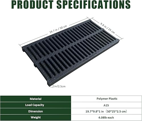 Miniatura 7 de Paquete de 6 rejillas de drenaje de canal de plástico de polímero, 19.7 x 10 x 1 pulgadas, cubierta de zanja duradera, longitud total de 118
