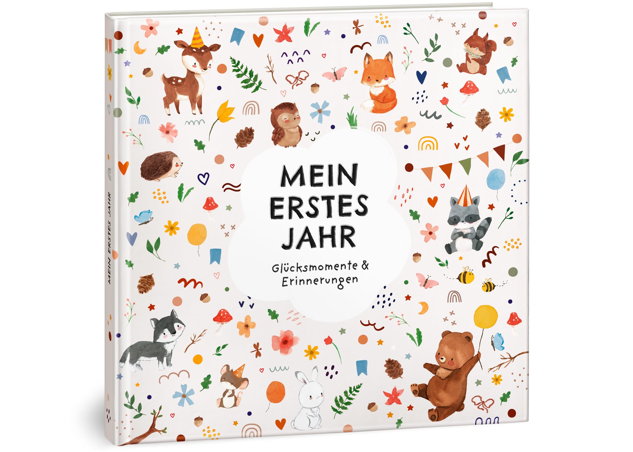 Mein erstes Jahr Babyalbum - Hochwertiges Babytagebuch mit Prägung für die schönsten Erinnerungen - Erinnerungsbuch zum Eintragen für das erste Lebensjahr - GB23 Baby Geschenk zur Geburt: Boho Tiere