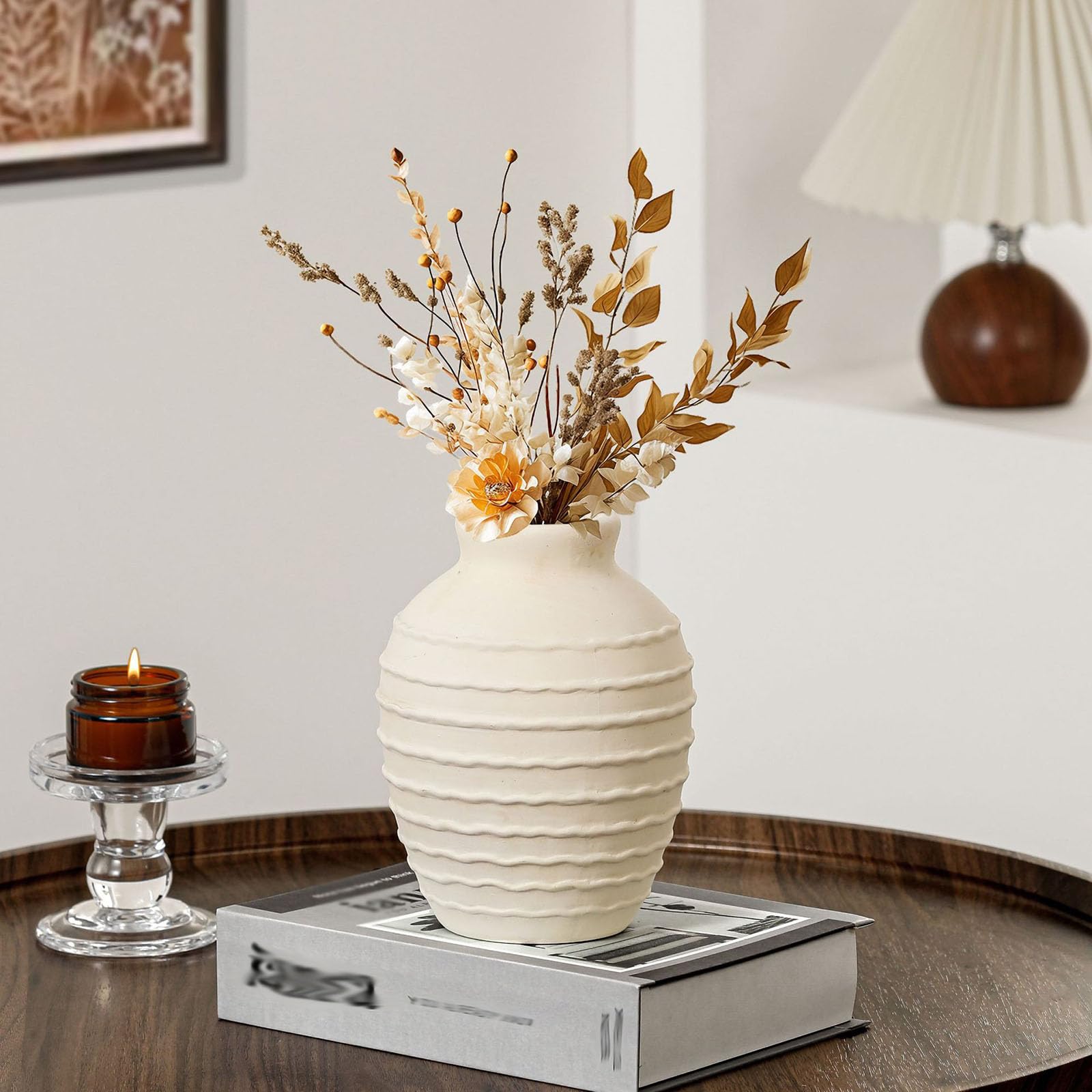 Ceramiczny wazon na kwiaty, ręcznie malowany, prążkowana tekstura – dekoracja domu wiejskiego boho na centralny element stołu, salonu, półki, kominka i wejścia