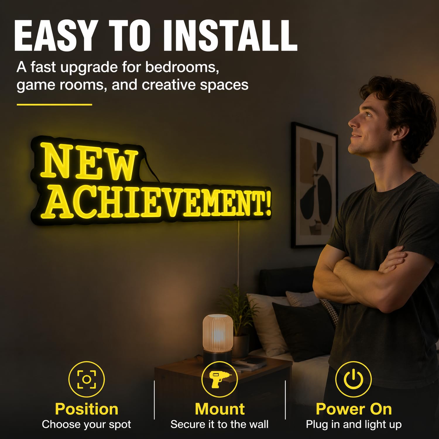 Targa al neon con scritta "NEW ACHIEVEMENT!", 45 x 15,2 cm, decorazione da parete a LED gialla, con retro in acrilico, alimentata tramite USB, per la stanza dei videogiochi, per la camera da letto e