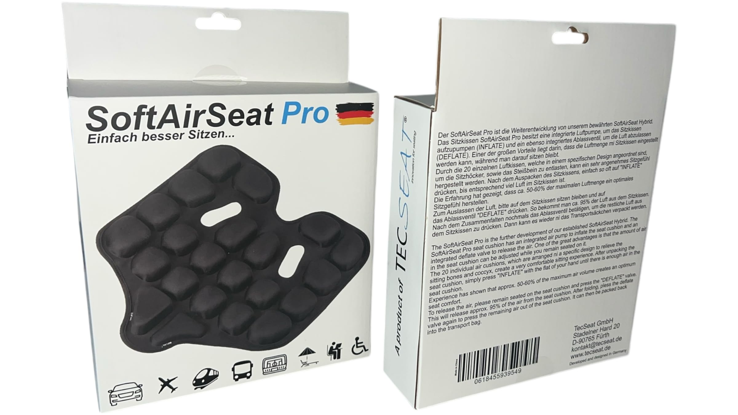Cuscino ortopedico SoftAirSeat PRO – viaggio, ufficio, auto, volo, treno, cuscino per sedia con 20 imbottiture d'aria, regolabile individualmente