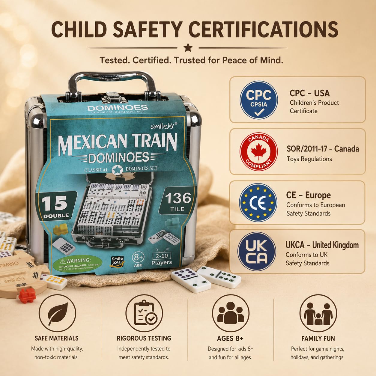 Smilejoy Dominó de tren mexicano, juego de dominó doble de 15 colores con caja de aluminio, juego de tren mexicano, 136 fichas de dominó de puntos (2-10 jugadores)