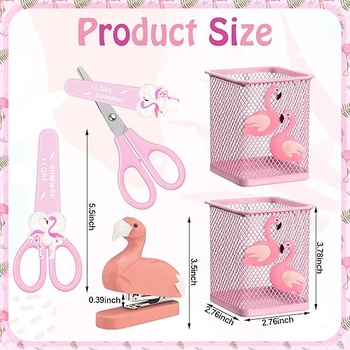 Miniatura 2 de Chuangdi 4 piezas de accesorios de escritorio de flamenco de metal, soporte para lápices de flamenco, tijeras de flamenco, grapadora de flamenco,