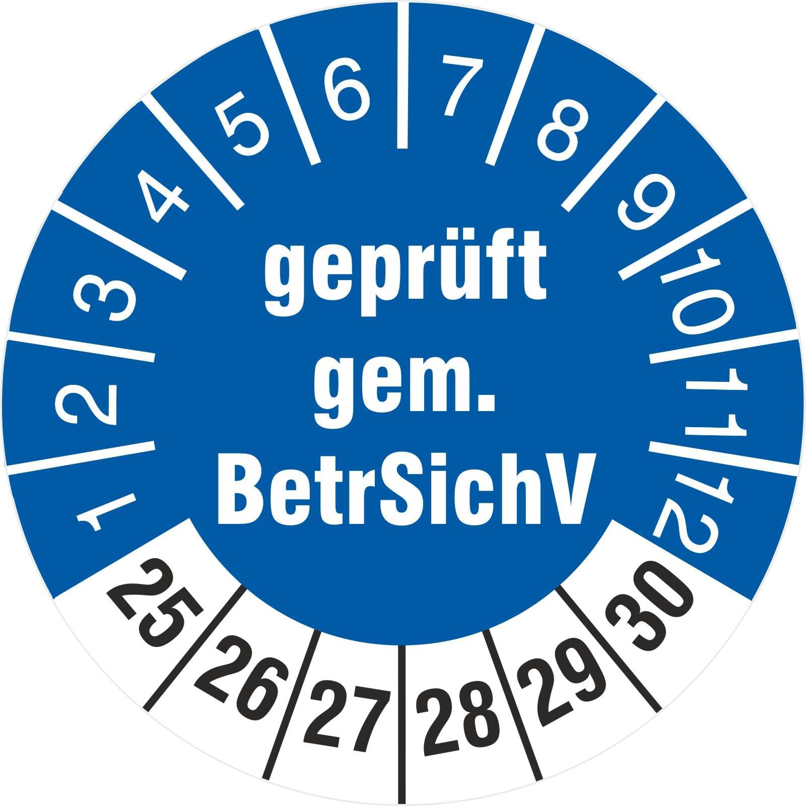 500 Prüfetiketten 30 mm geprüft gemäß BetrSichV 2025-2030 BGI 694 Prüfplakette