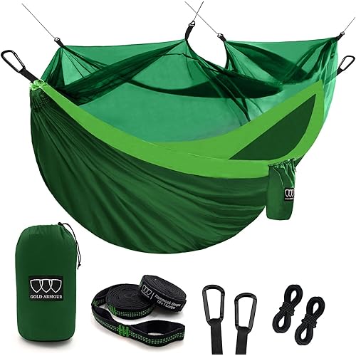 Gold Armour Camping Hammock - Camping Essentials, Double Hammock with Bug Net, Camping Gear Portable Hammock for Outside, Hiking, and Travel (Green & Lime Green)