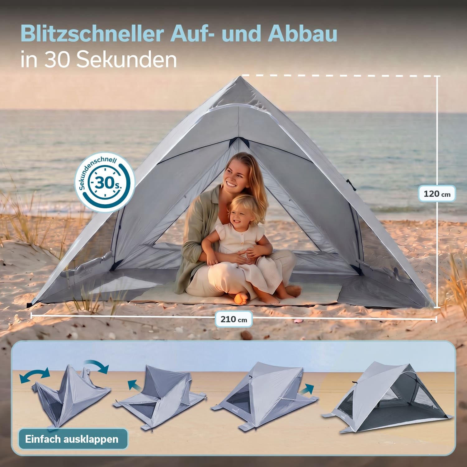 Skandika Strandmuschel Selka Quick-Start | Strandzelt Ultraleicht, UV-Schutz 80+, Windschutz, Sonnenschutz, Sichtschutz, Quick-Up, Sandheringe | Strand Zelt groß, kompakt, für Familie, Kinder