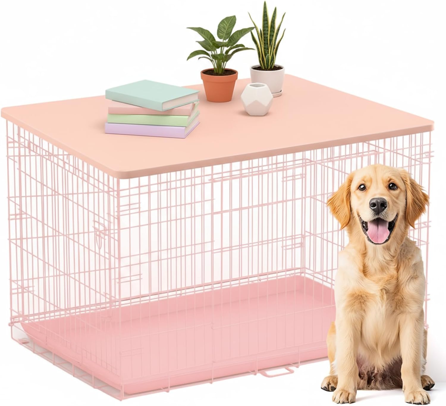 Maxdot Dog Crate Topper Wood Countertop for 24 Inch Dog Cage, Pink Crate Topper Collapsible Durable Decorative Pet Kennel Top for Pet Cage