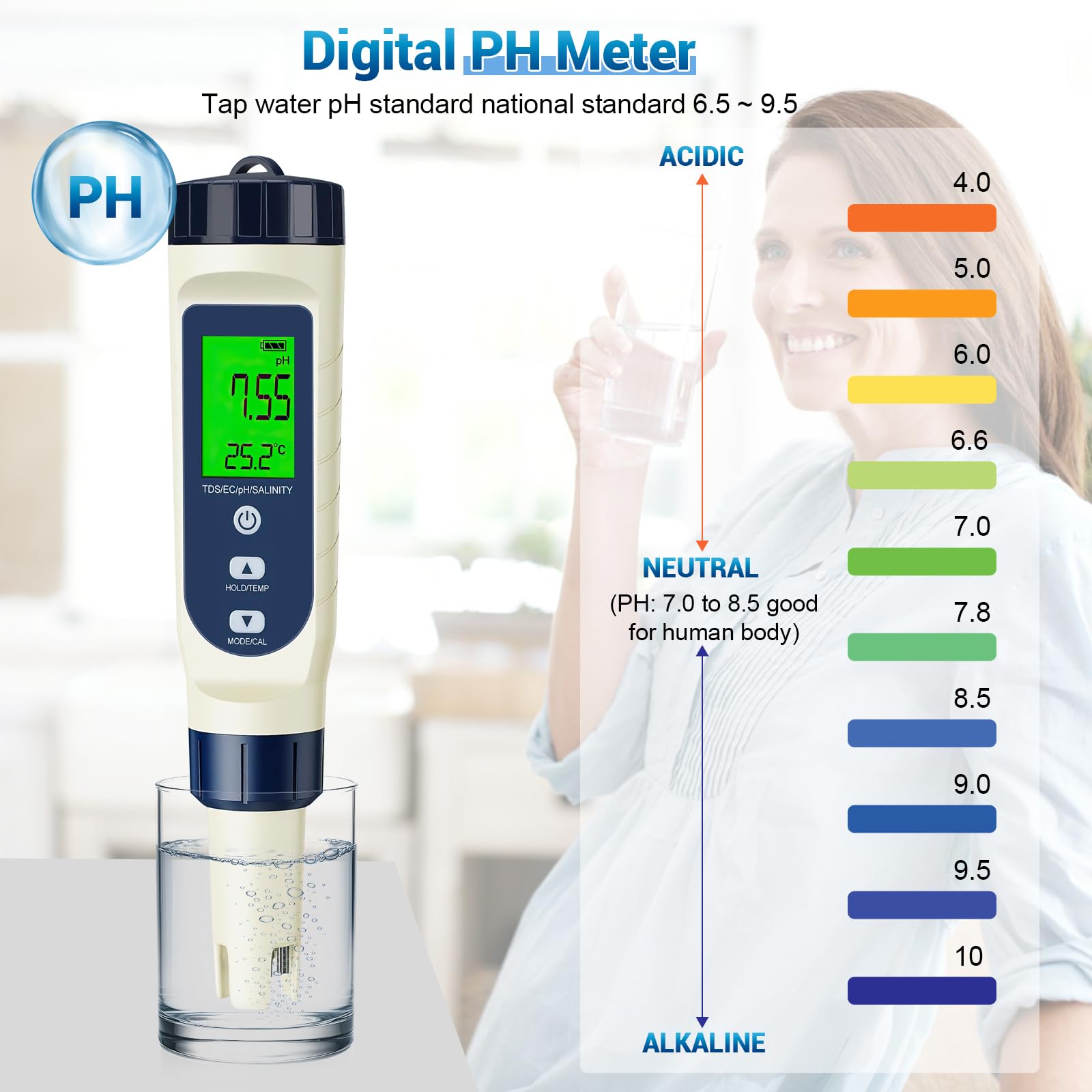 PH Mètre Électronique 5 en 1, PH/TDS/EC/Salinité/Thermomètre, Testeur de pH pour Piscine avec Écran LCD et Compensation Automatique de Température, Testeur d’Eau pour Piscines, Eau Potable, Hydroponie