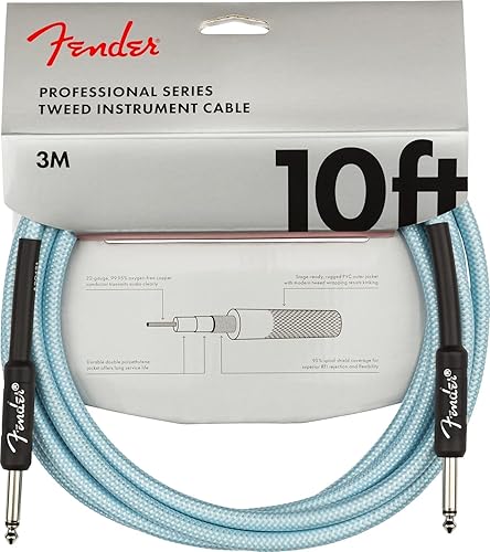 Fender Professional Series Tweed Instrument Cable, Guitar Cable, Guitar Accessories, Straight/Straight, Spiral Shielding for an Anti-Kinking Design, Daphne Blue, 10ft - 10ft - Daphne Blue