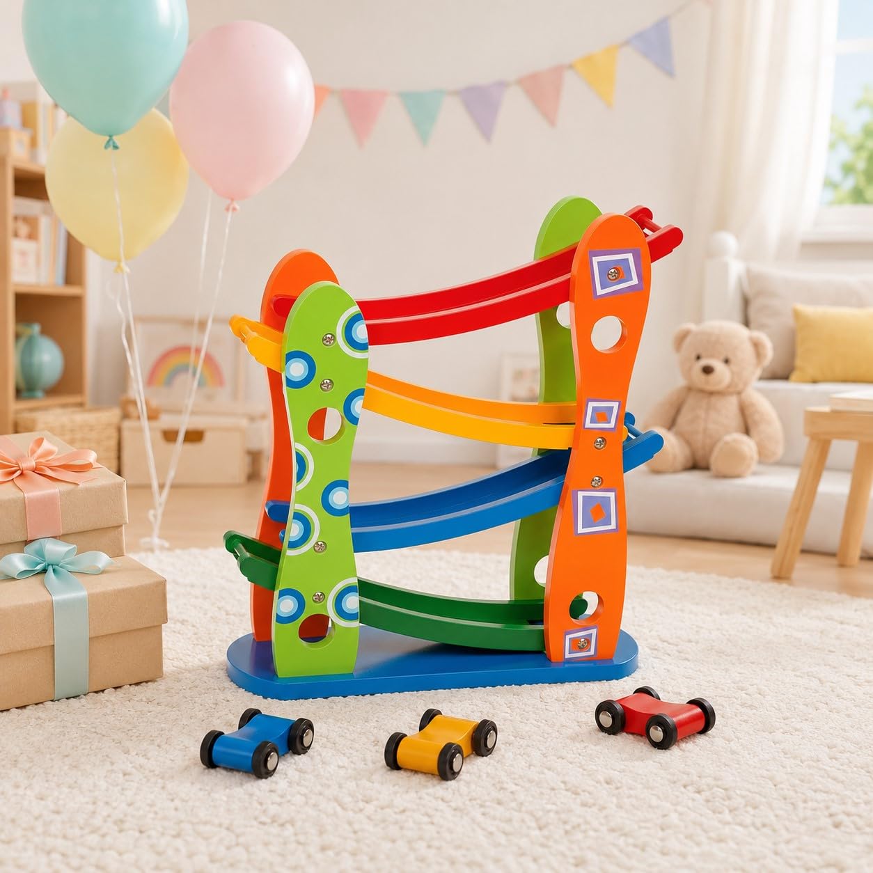 Holz-Autorampe Kinder, Bunte Rennbahn mit 3 Spielzeugautos, 4 Ebenen Wasserfallbahn aus Holz, Auto-Rollbahn Motorikspielzeug Geschenk für Jungen Mädchen ab 3 Jahren