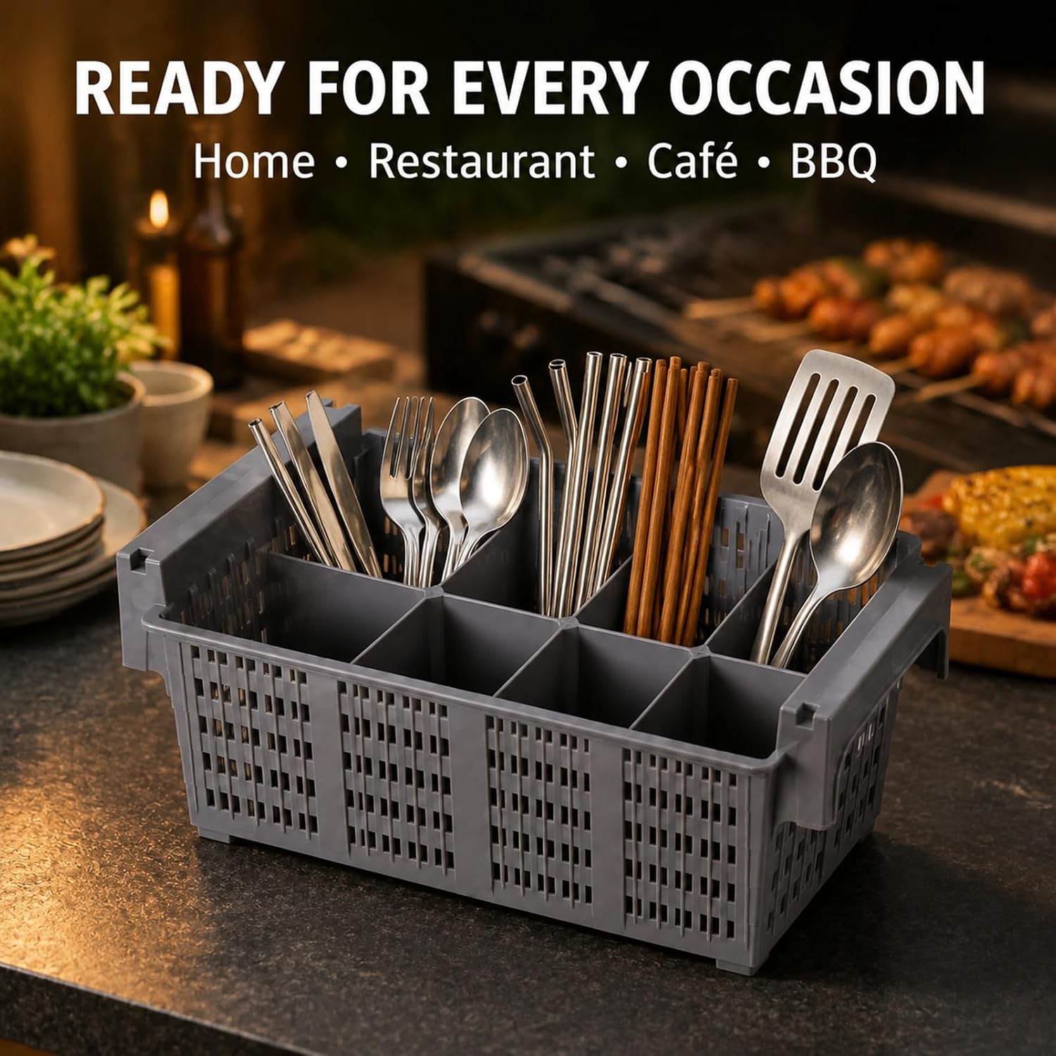 16 Inch Dishwasher Flatware Basket, 8 Compartments, Handle, Gray