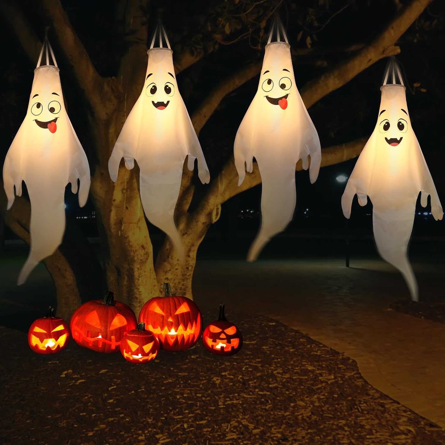 Halloween-Decorations-Outdoor Hanging-Ghost Windsocks for Trees with Timer, LED Ghosts to Hang in Tree Porch Yard, Waterproof, Timer, 4 Pcs (No Batteries)
