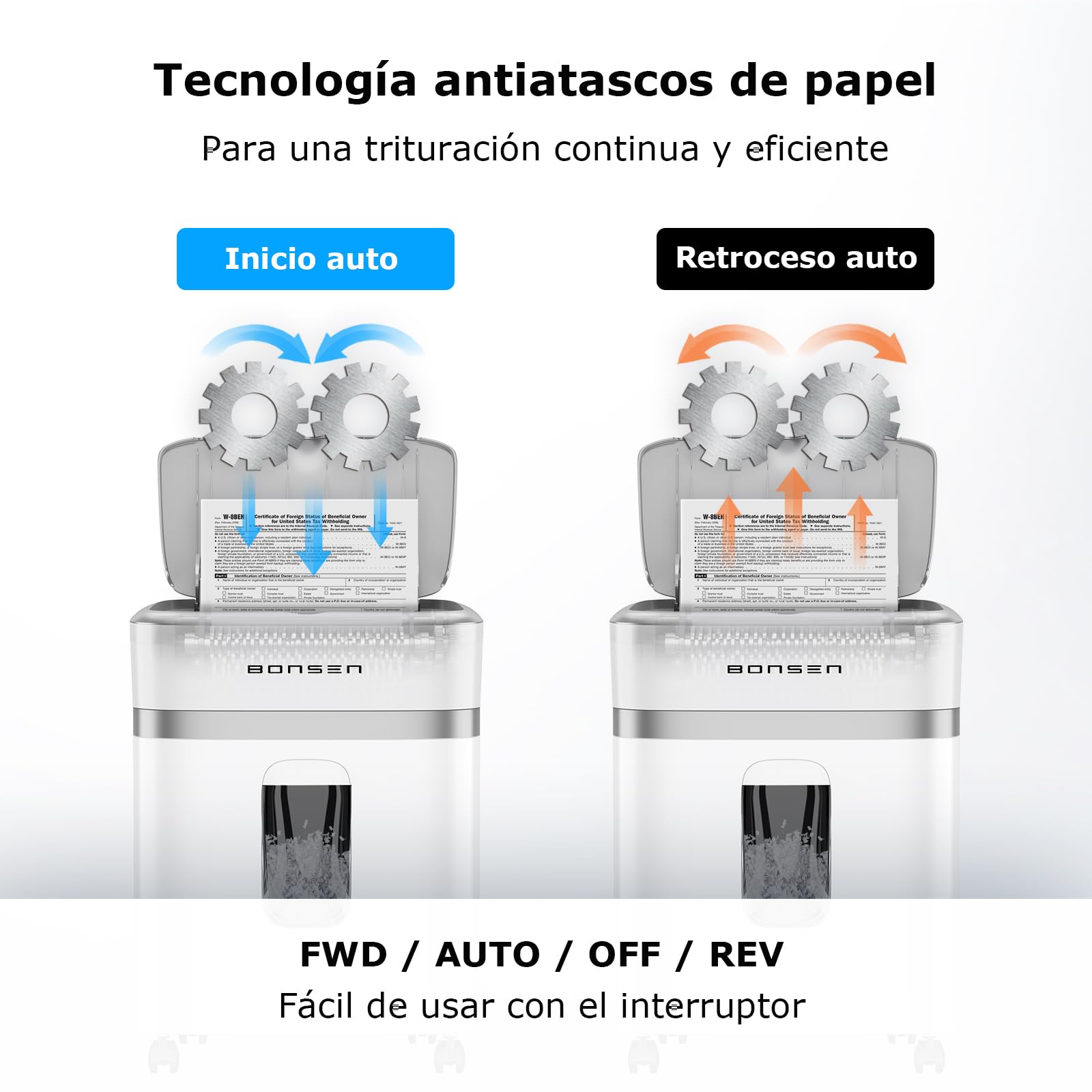 Bonsen Destructeur de Documents 100 Feuilles Auto-Feed, P-4 Micro-Coupe | 30 Min. de fonctionnement en continu & silencieux ≤60dB pour maison et bureau, S9201