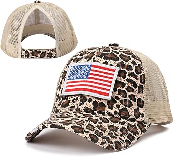 ProMindFun Womens Ponycap Messy High Bun Ponytail Backless Baeseball Cap USA Flag Patchwork Washed Distressed Cotton Dad Hat