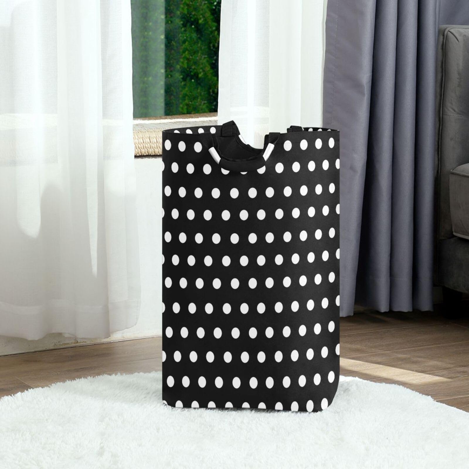 Jihqo Laundry Hamper Basket Polka Dots Black White Collapsible Nursery Storage Bin Waterproof Clothing Baskets for Home Bedroom Bathroom Washing Room