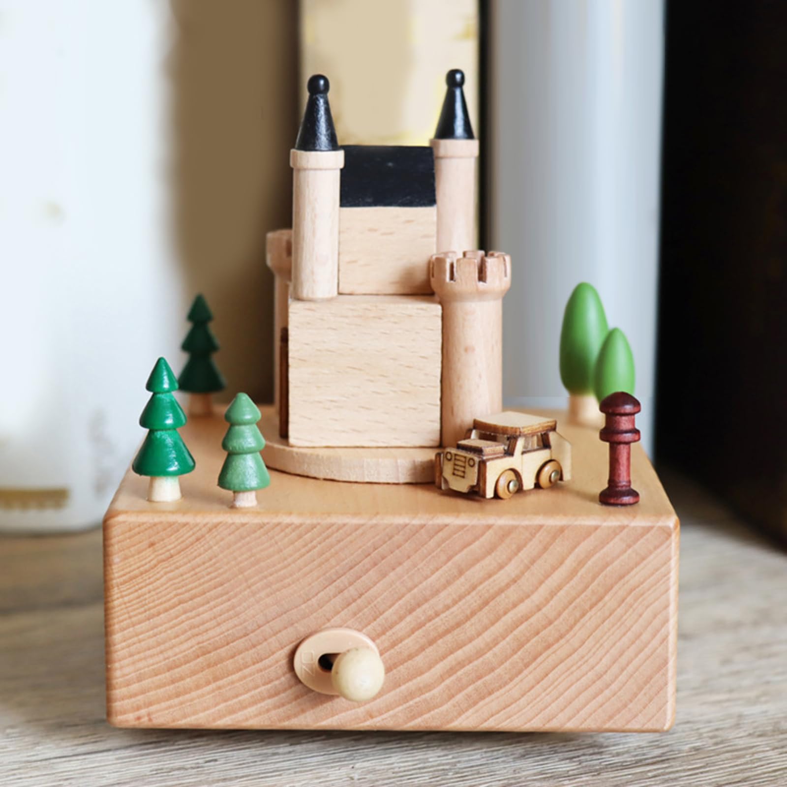 Hand Wood Music Box con treno rotante, regalo di compleanno, ornamento a forma di cartone animato, decorazione per la casa, tablet