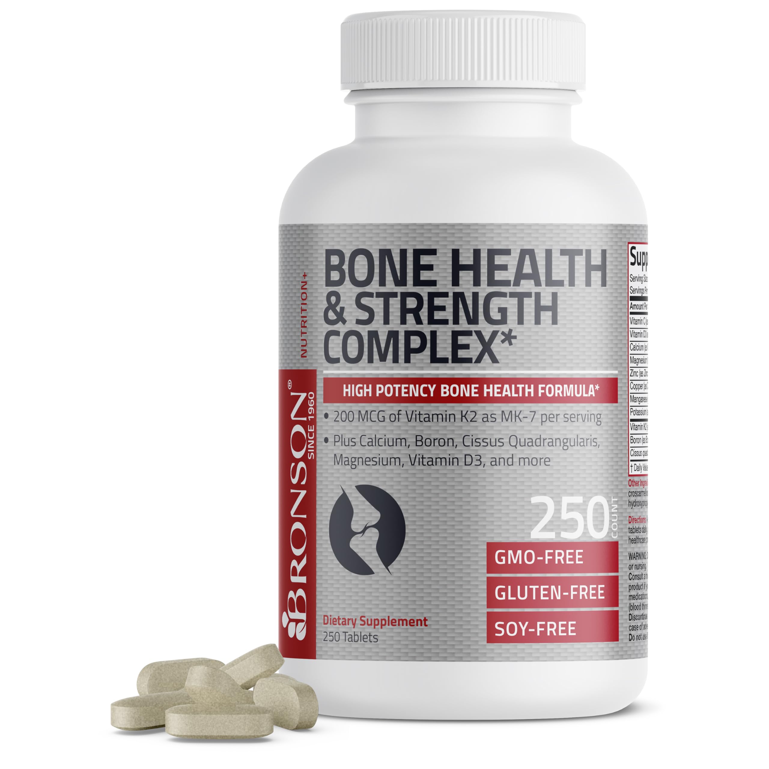 Bone Health & Strength Complex* High Potency Formula 200 MCG of Vitamin K2 as MK7, Plus Calcium, Boron, Cissus Quadrangularis, Magnesium, Vitamin D3, and More - Non-GMO, 250 Tablets