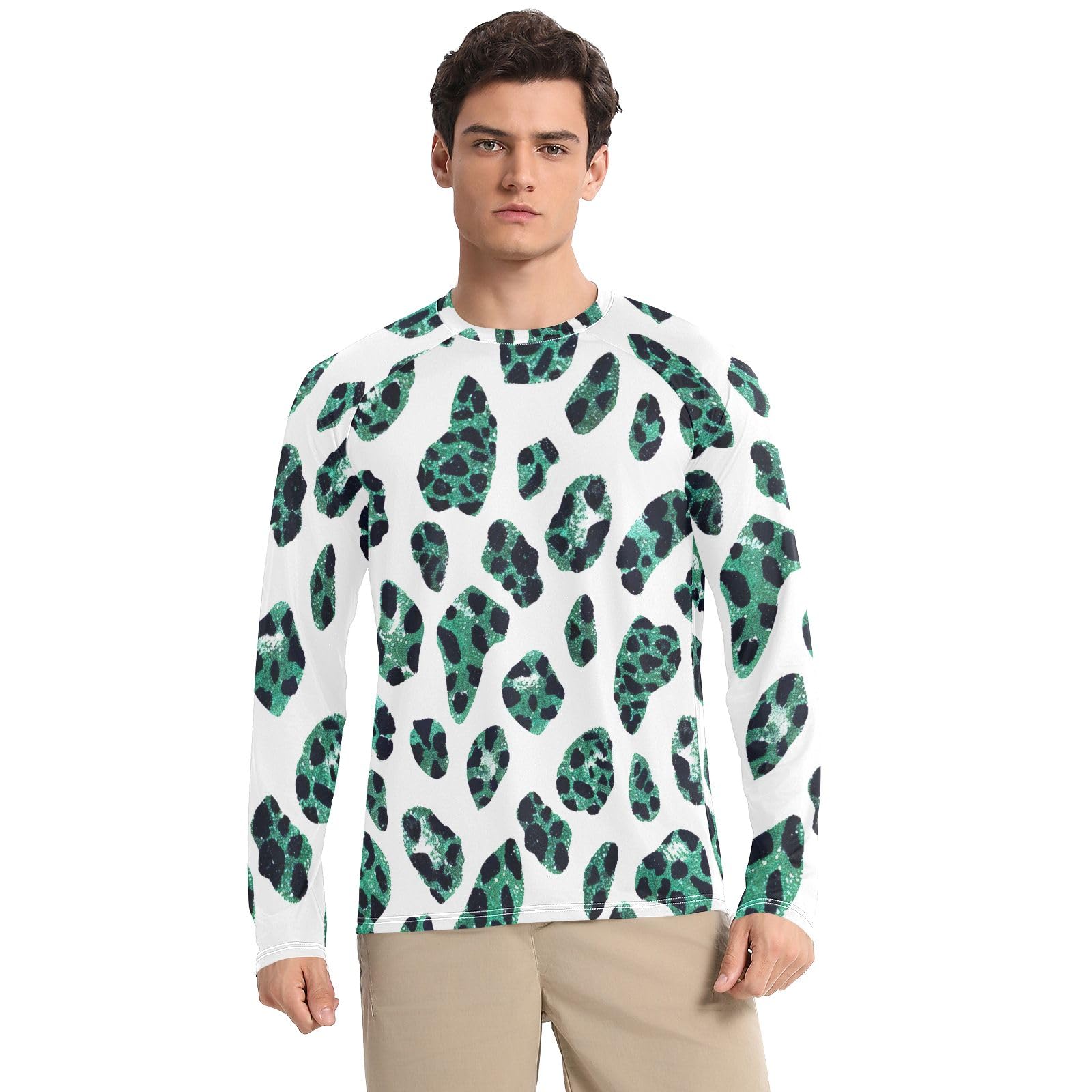 Trendy Green Leopard Men Rash Guard UV Protection UPF 50+ Sun Shirt Quick Dry Long Sleeve Beach T-Shirts, X-Large