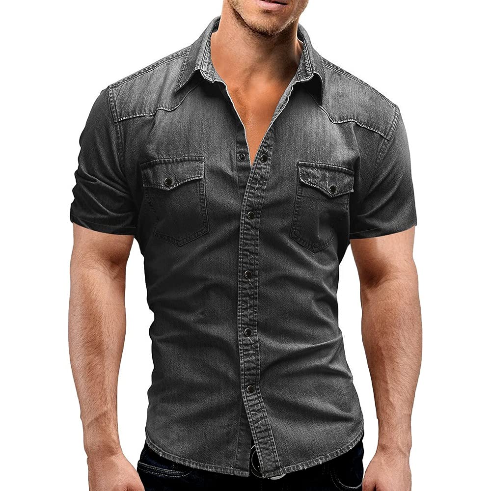 Men Denim Thin Shirt Short Sleeve Soft Cotton Two Pockets Slim Slight Elastic Jeans Cowboy Shirt (gray,Large)