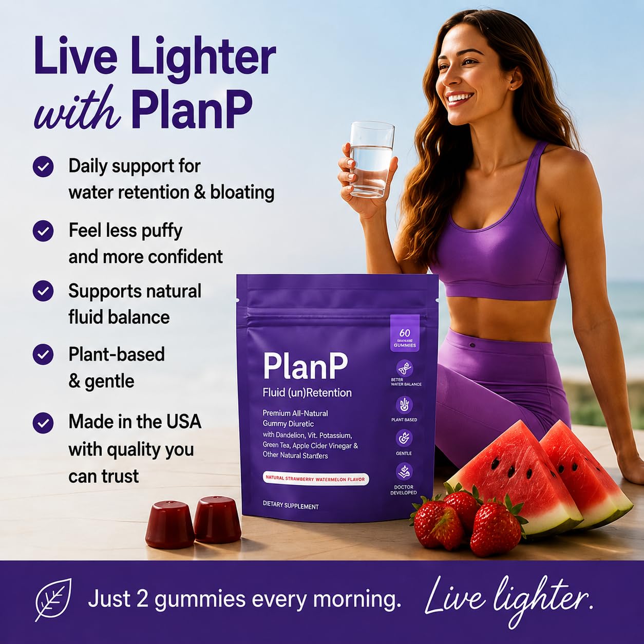 PlanP – Premium All-Natural Diuretic Gummies for Bloating & Water Retention Relief – Plant-Based Formula with Dandelion, Cranberry & Hibiscus – 60 Gummies (30-Day Supply) Made in the USA — Amazon image 2