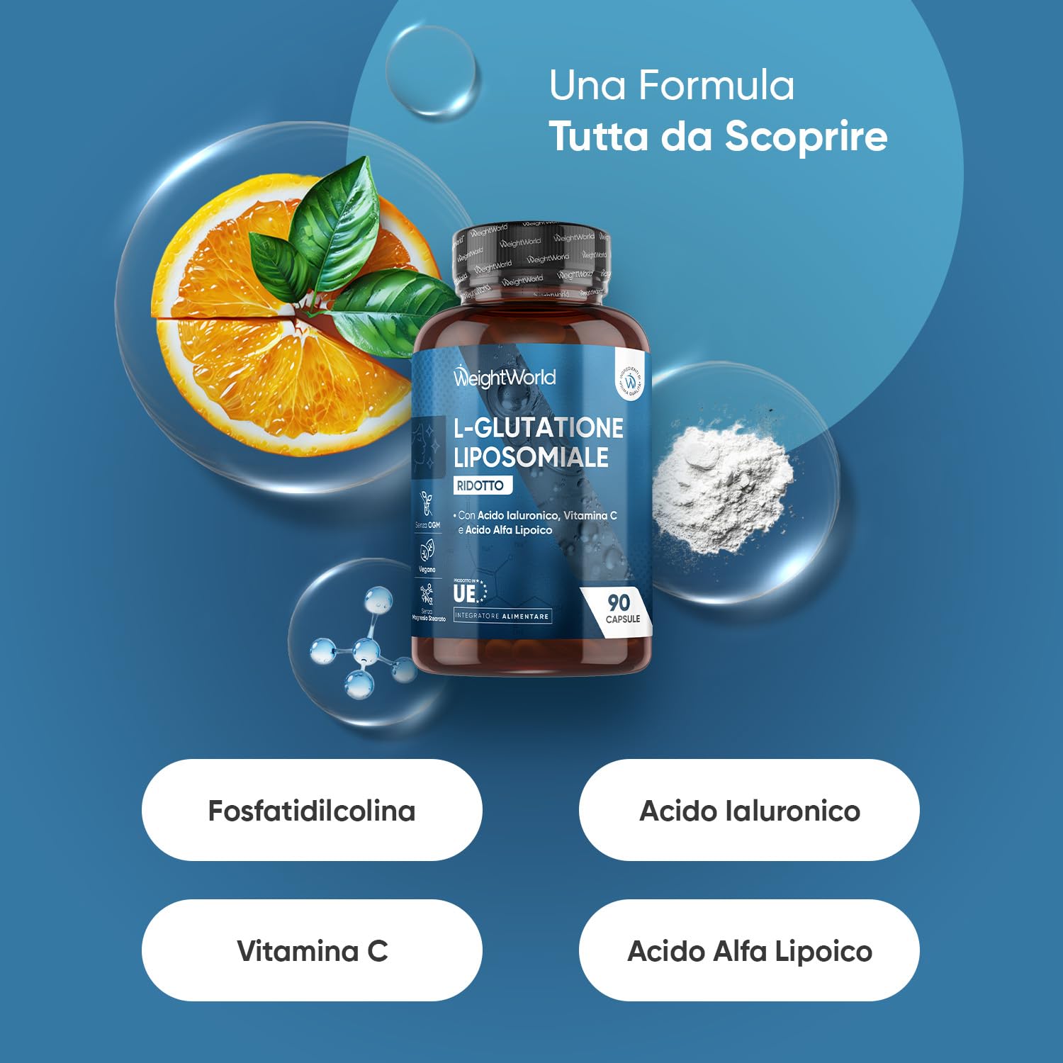 Glutatione Liposomiale Ridotto, 90 Capsule Vegane, Vitamina C, Acido Alfa Lipoico, Acido Ialuronico, La Vitamina C Contribuisce Alla Protezione Delle Cellule Dallo Stress Ossidativo (EFSA), Senza OGM