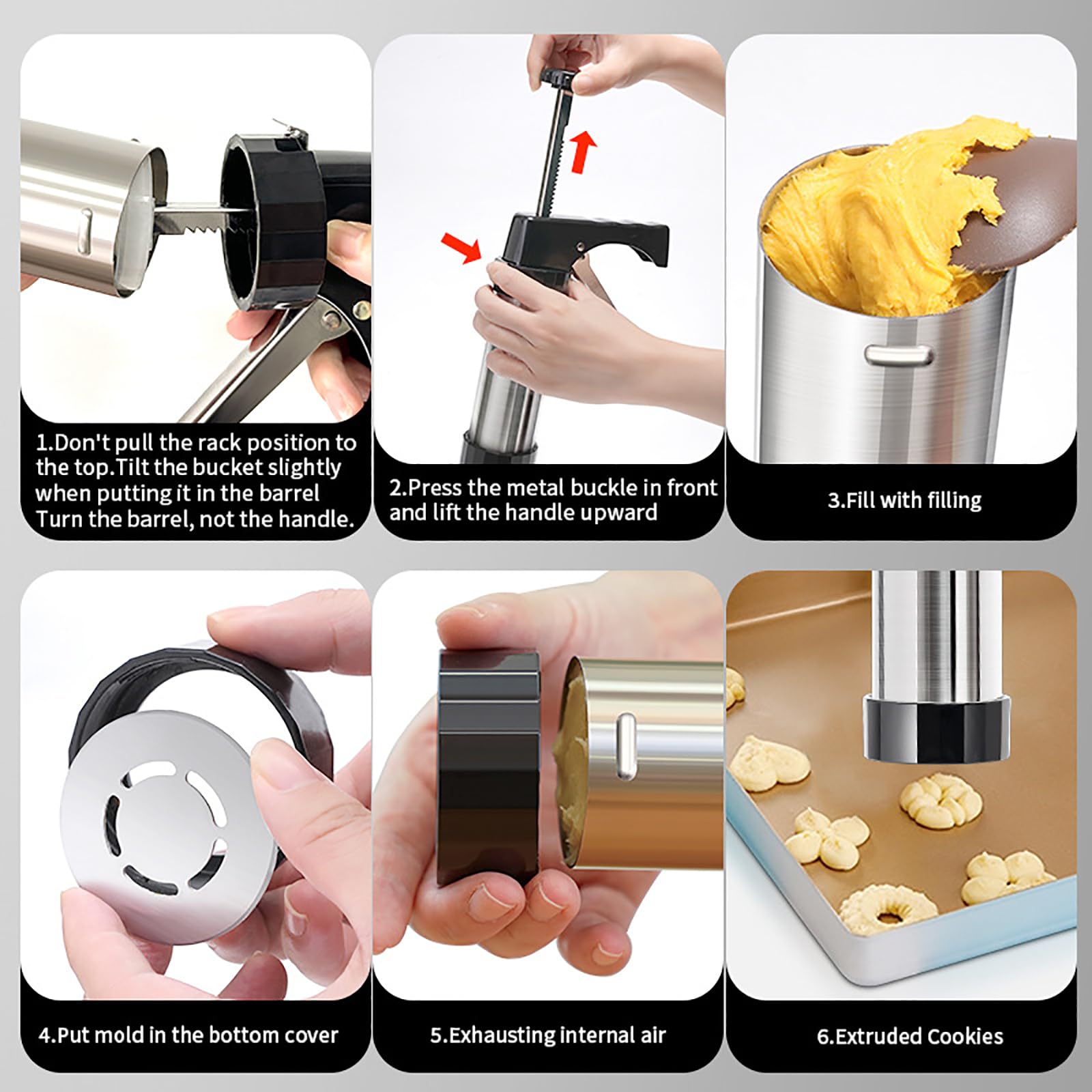 Pressa per biscotti in acciaio inox con dischi e asta di spinta - Strumenti per decorare torte per feste ed eventi, con pulsante di sicurezza