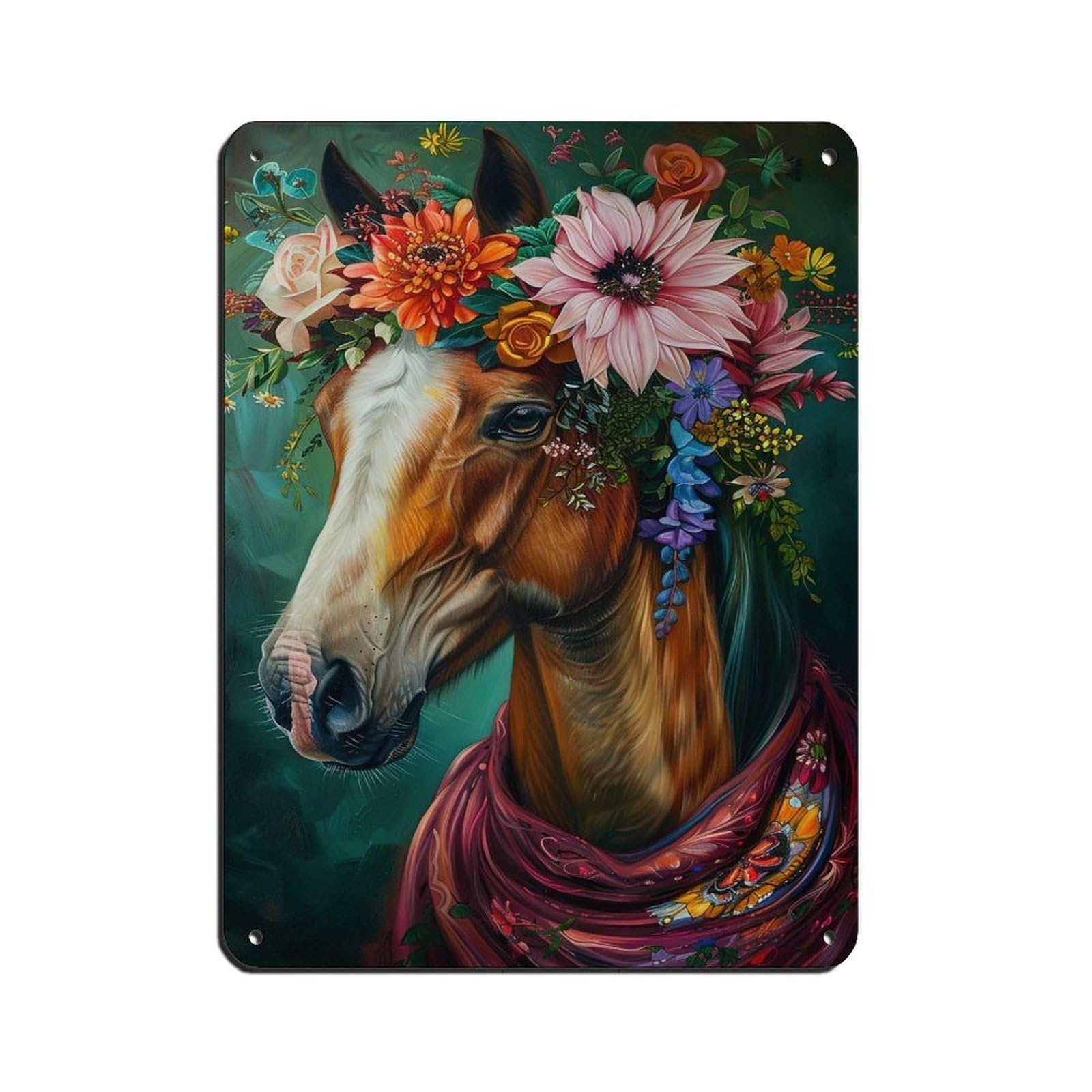 Vintage Maximalist Floral Horse Painting Poster Tin Sign Vintage Metal Pub Club Cafe Bar Home Wall Art Decoration Poster Retro 12x16inch(30x40cm)