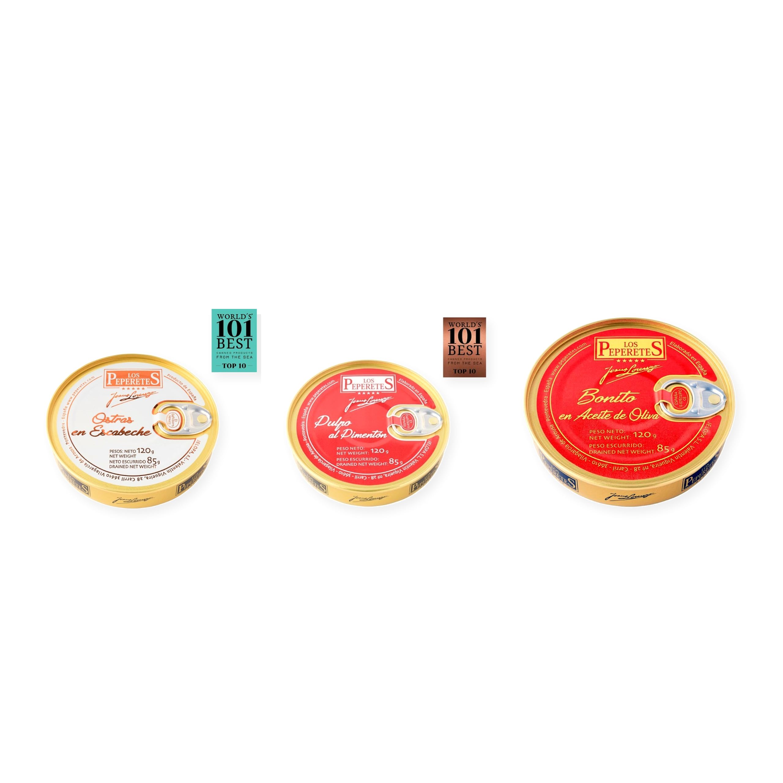 los peperetes conservas Ostras Escabeche, Pulpo Pimentón y Bonito Aceite Oliva pack 3 latas