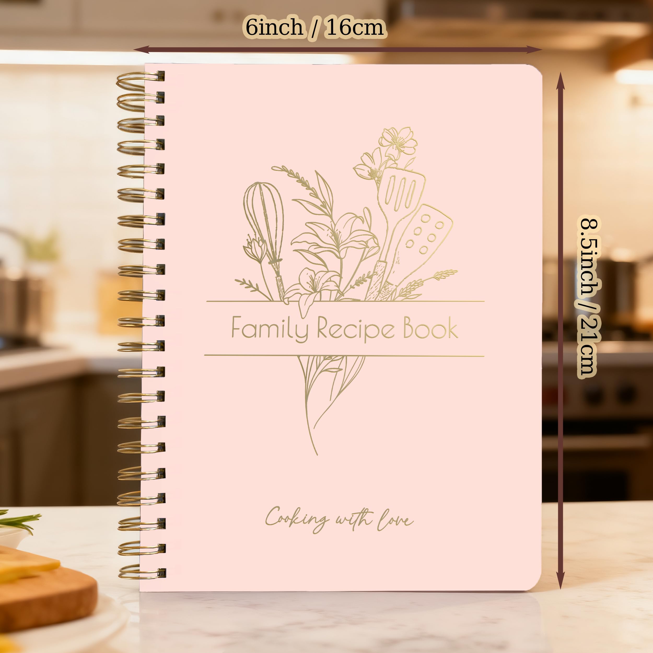 Libro de recetas para escribir en tus propias recetas, libro de cocina en espiral en blanco, 150 páginas con capacidad para 144 recetas, elegante diario de recetas grande, tapa impermeable, diseño