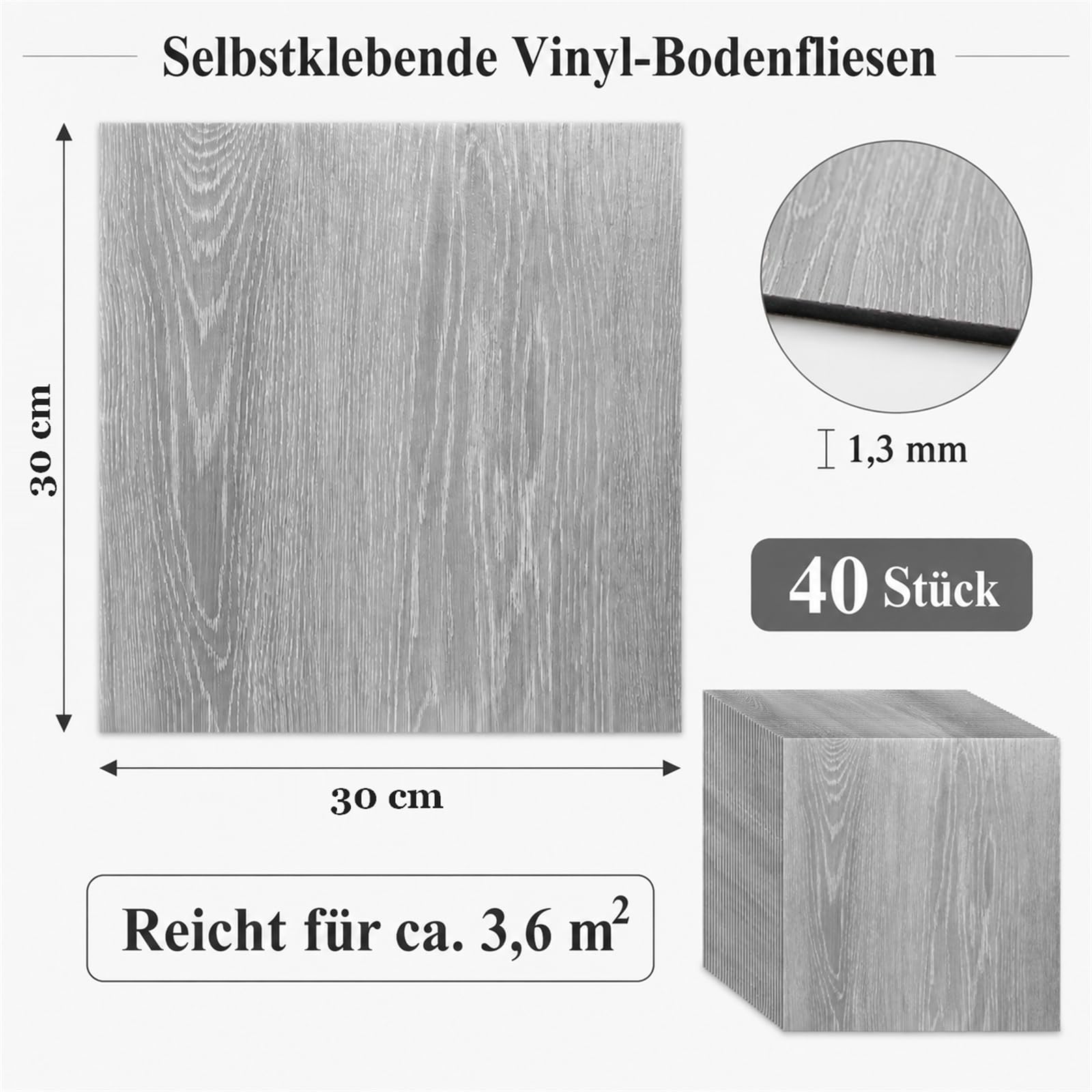 CYEER 40 Bodenfliesen selbstklebend, 30 × 30 cm, Grau Holzoptik