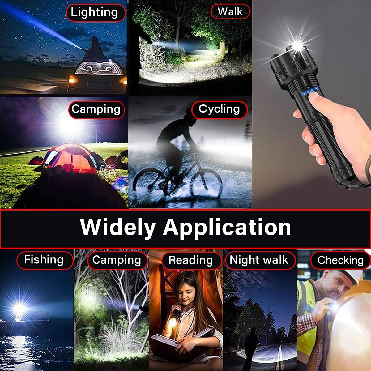 LED Flashlight Rechargeable High Lumens, 8000 Lumen Super Bright Tactical Flashlights, High Powered LED Flashlight, 5 Modes, Zoomable, Waterproof Flashlights for Camping,Emergency - - 