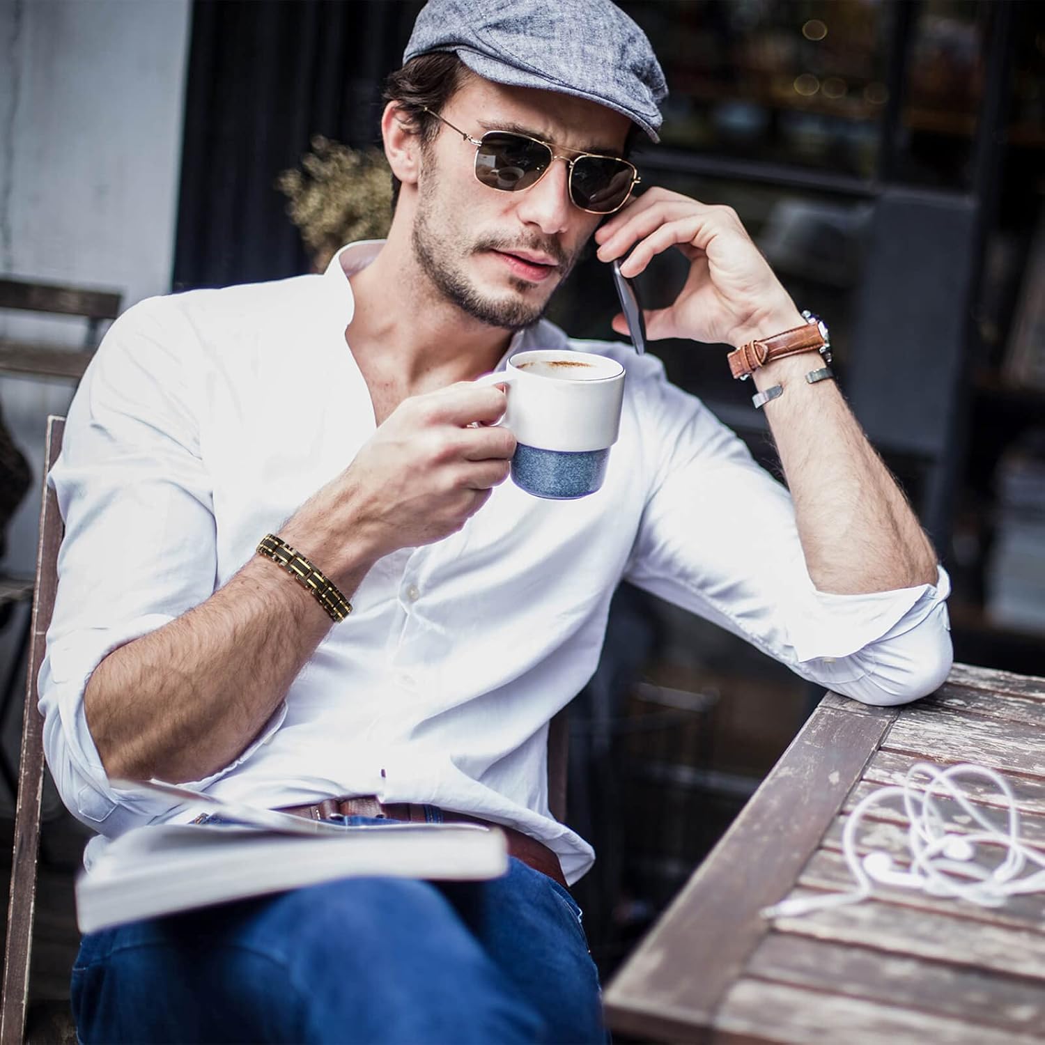 Men's Stainless Steel Two-Tone Square Link diamond Bracelet in Black & Blue Ion-Plated Black - Image 2