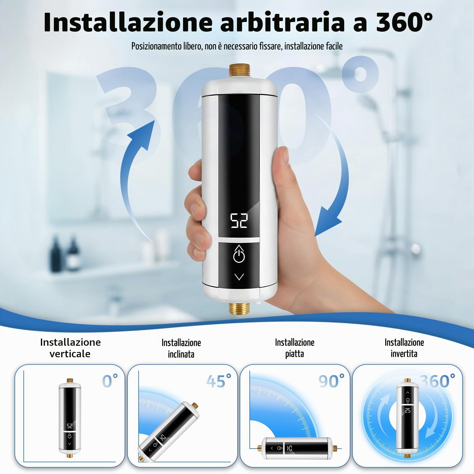 Mini scaldabagno istantaneo da 220 V 3500 W con indicatore di temperatura, scaldabagno compatto per l'uso sotto il lavandino, in cucina o in bagno con indicatore di temperatura (bianco)