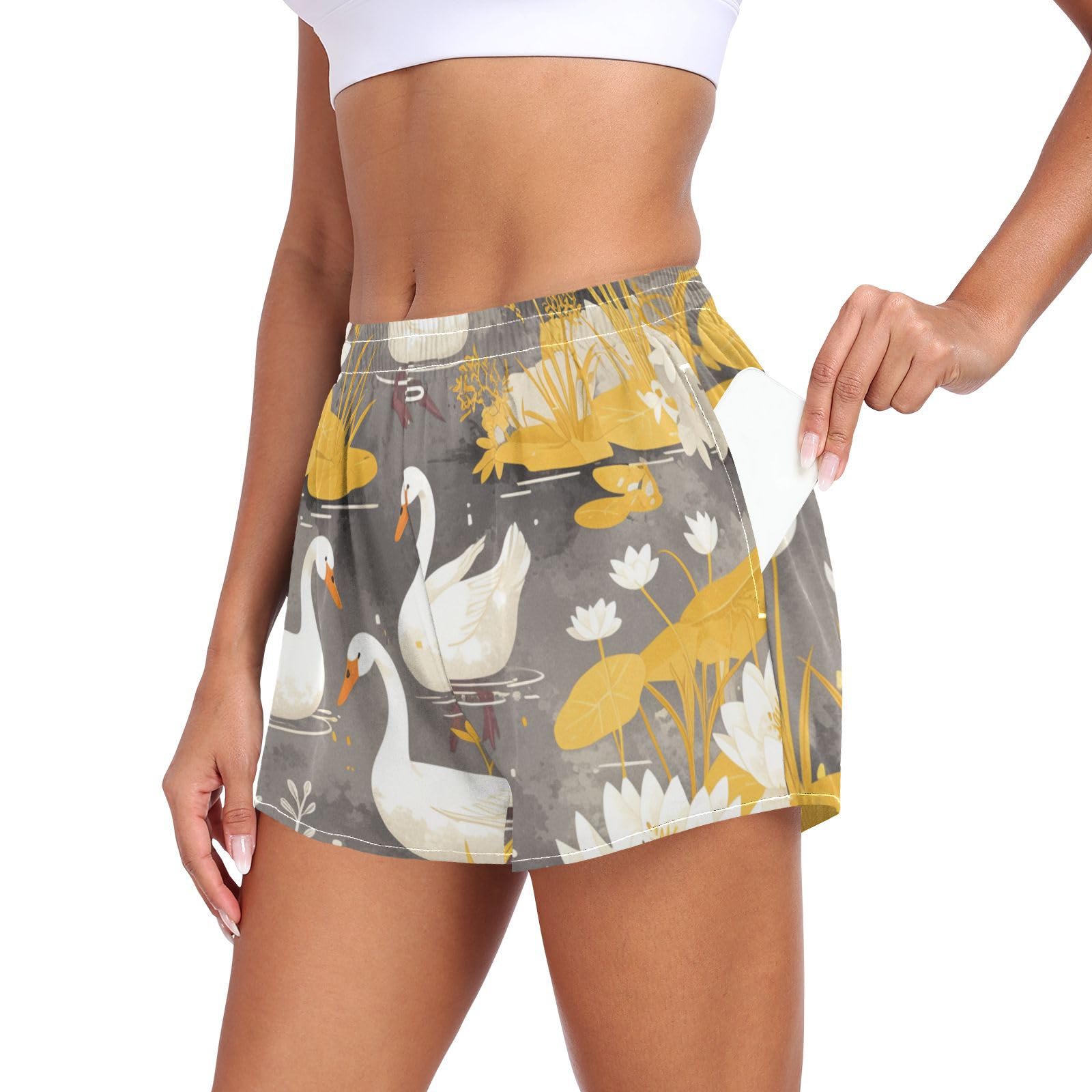 EtherSpher Pond Duck Yellow Gray Womens Athletic Shorts Ouick Dry Girls Loose Fitting Shorts for Biking Lounging Jogging Beach Shorts para Mujer L