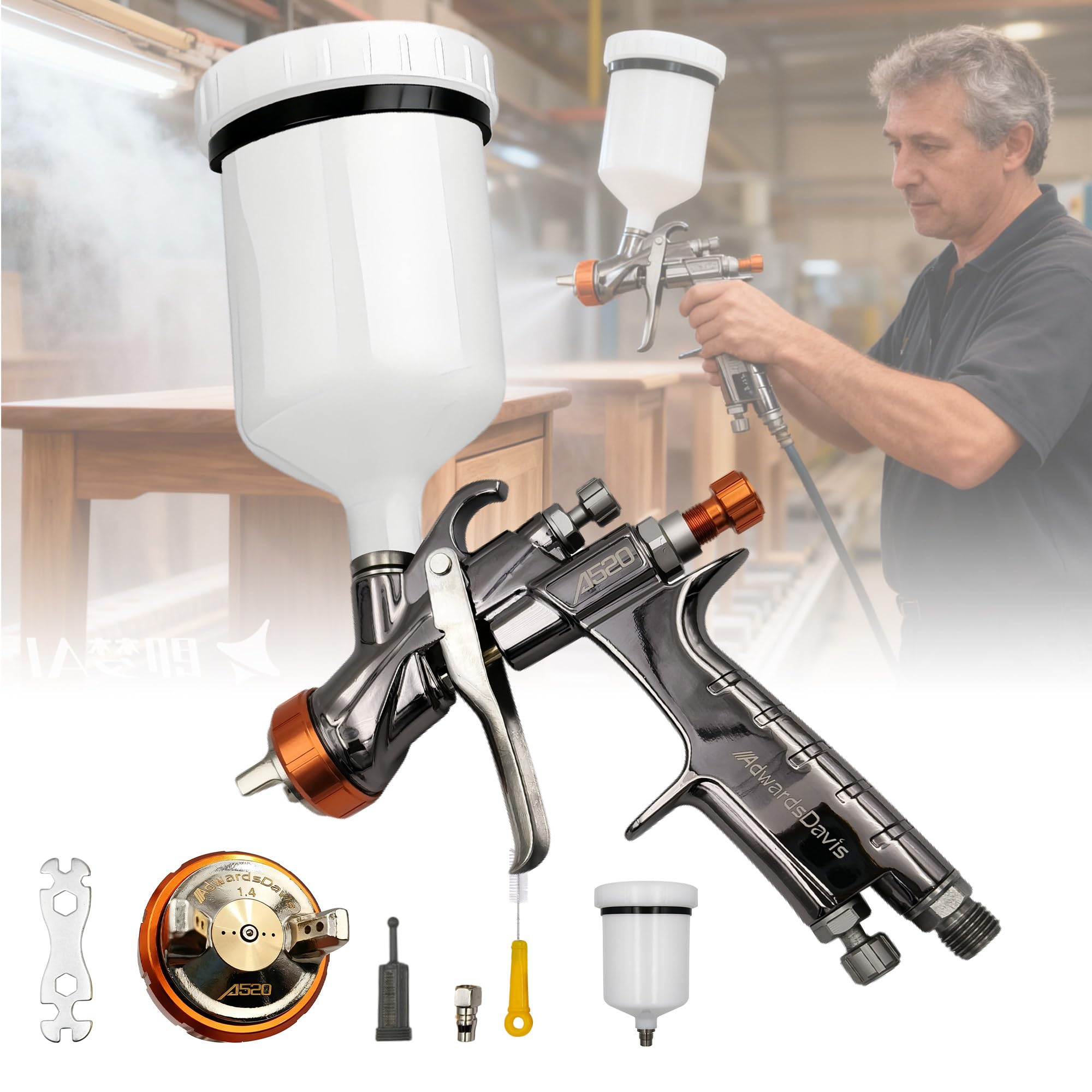 Pistolet Lakierniczy Powietrzny, Pistolet Natryskowy do Samochodu, 600 ml Kubki do farby, Pistolet natryskowy z kubkiem, Pistolet do Malowania Drewna, do Malowania Domów, Samochodów, Mebli 1.4mm
