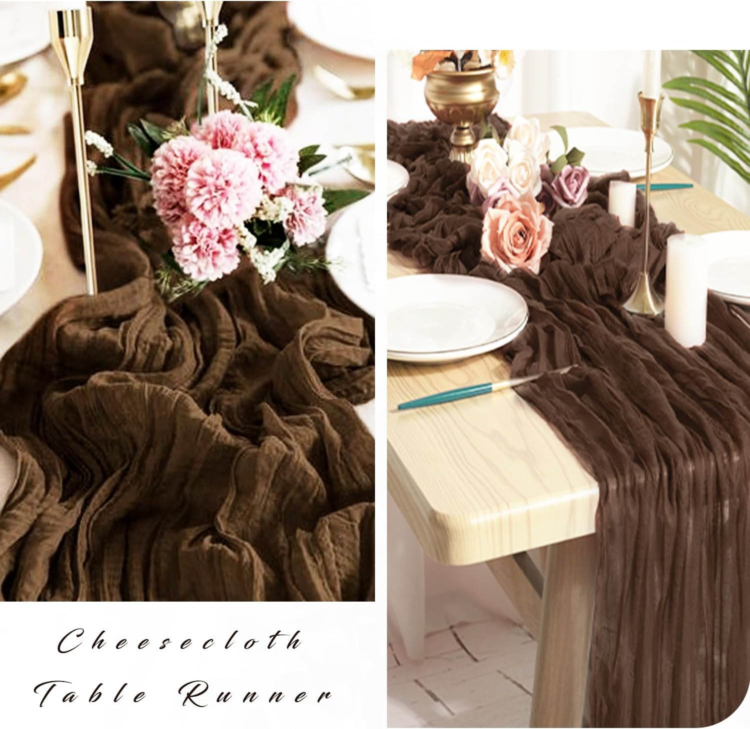 6 Pcs Cheesecloth Table Runner 10FT Brown Runner for Tables Gauze Fabric 35 x 120 Inches Long Boho Table Runner Decor Rustic Sheer Runner for Wedding Birthday Bridal Shower Party (Brown)