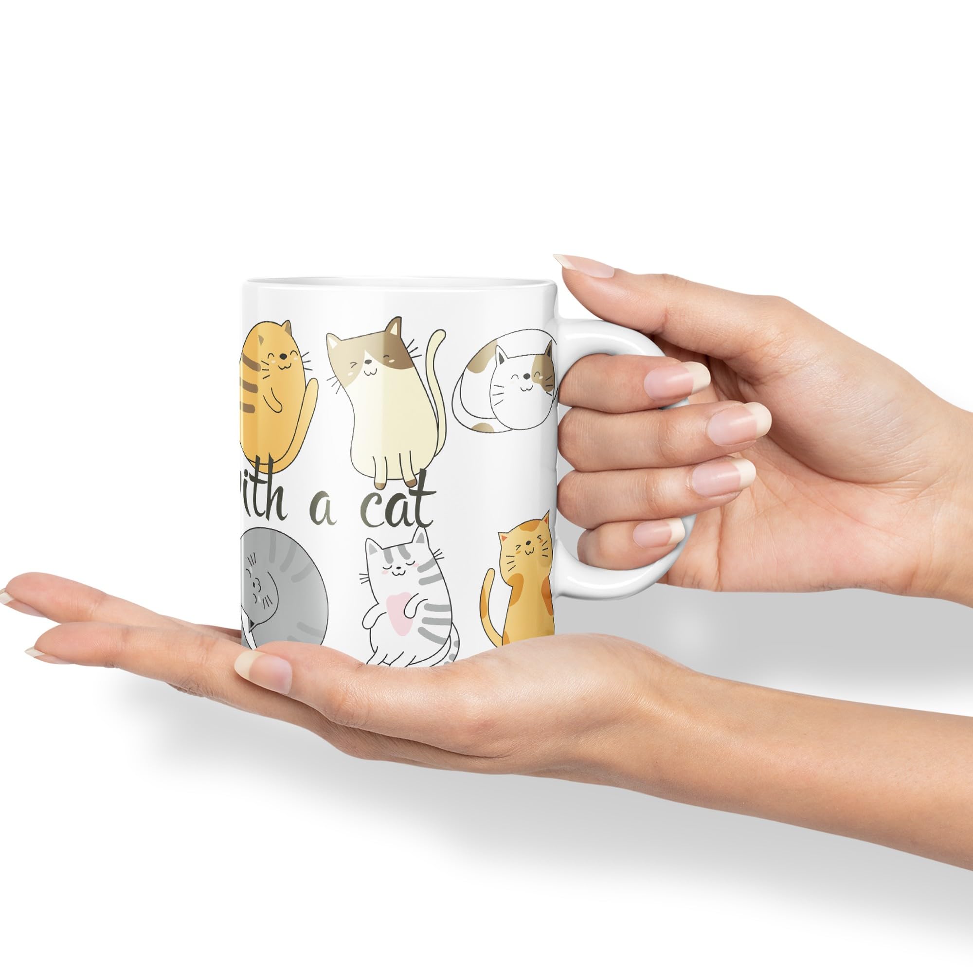 Vixar Life is Better with a cat Ceramic Coloured Mug Cup Gift Tea Coffee Christmas Office Home Cat Lovers (White) - Image 4