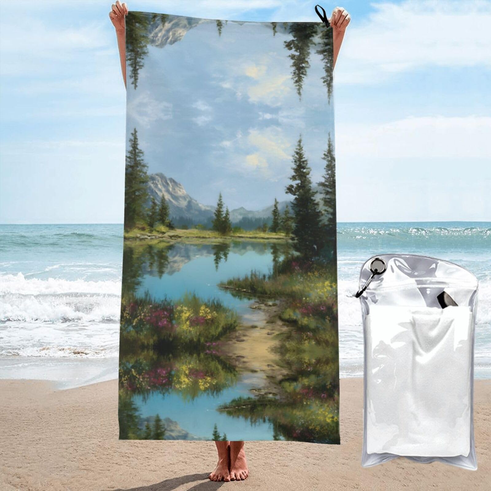 ESNAIUVCD Tranquil Lake Print Beach Towel, Microfibre Sauna Towel, Quick-Drying Fitness Towel, Lightweight And Thin Portable Sauna Towel