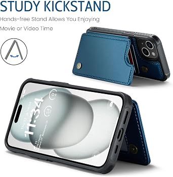 for iPhone 15 Plus Case with Card Holder, Wallet Case for Women Men with RFID Blocking, Durable Leather Kickstand Magnetic Clasp Shockproof Phone Case for iPhone 15 Plus (Blue)