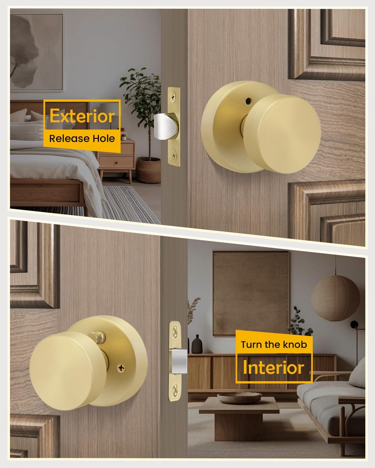 Goldenwarm Gold Door Knobs Interior, Zinc Alloy Round Ball Brushed Gold Privacy Door Knobs for Bedroom, Bathroom, Modern Heavy Duty Interior Doorknobs - 6 Pack