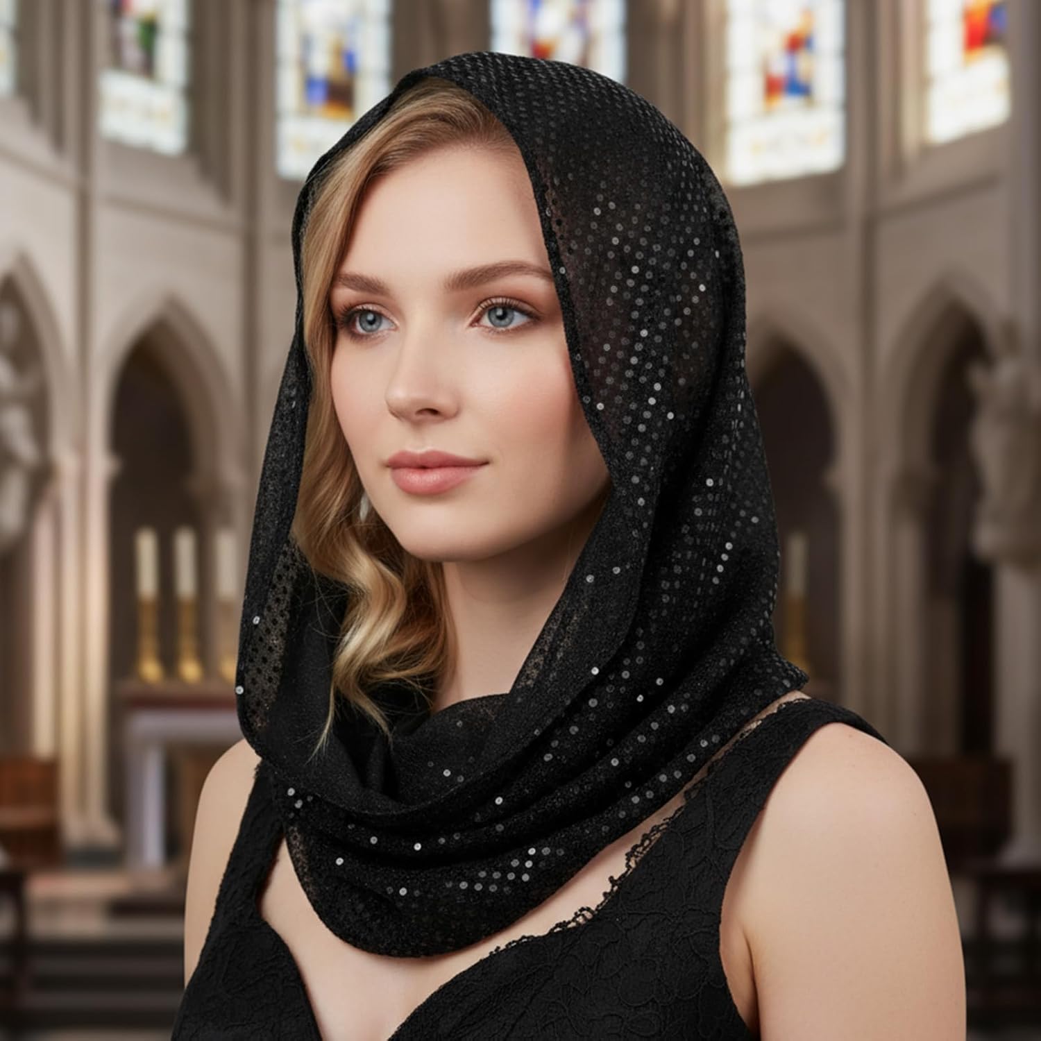 Fashion Head Scarf, Sequin Unisex Rave Hood, Head Scarf, Scarves Top Shawl Wraps, Rave Outfit Festival Accessories for Women (Black) - Image 6