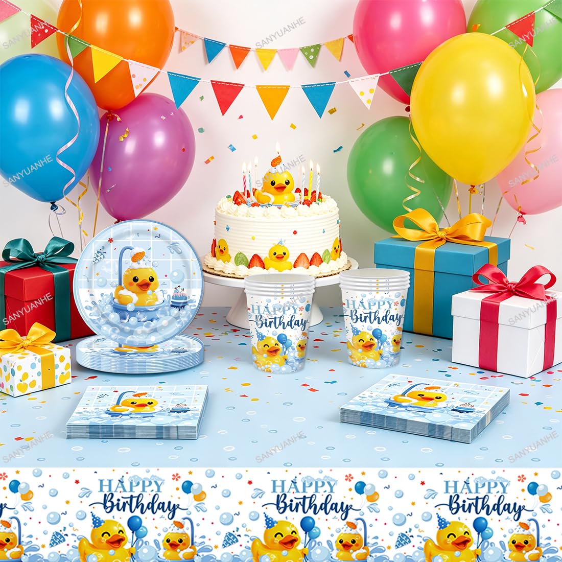 61 Pezzi Decorazioni Compleanno Paperella Gialla,Stoviglie per Feste Animali Anatra,SANYUANHE Festa per Bambini Duck,Tema Animali Piatti Tazze Tovaglioli Tovaglie