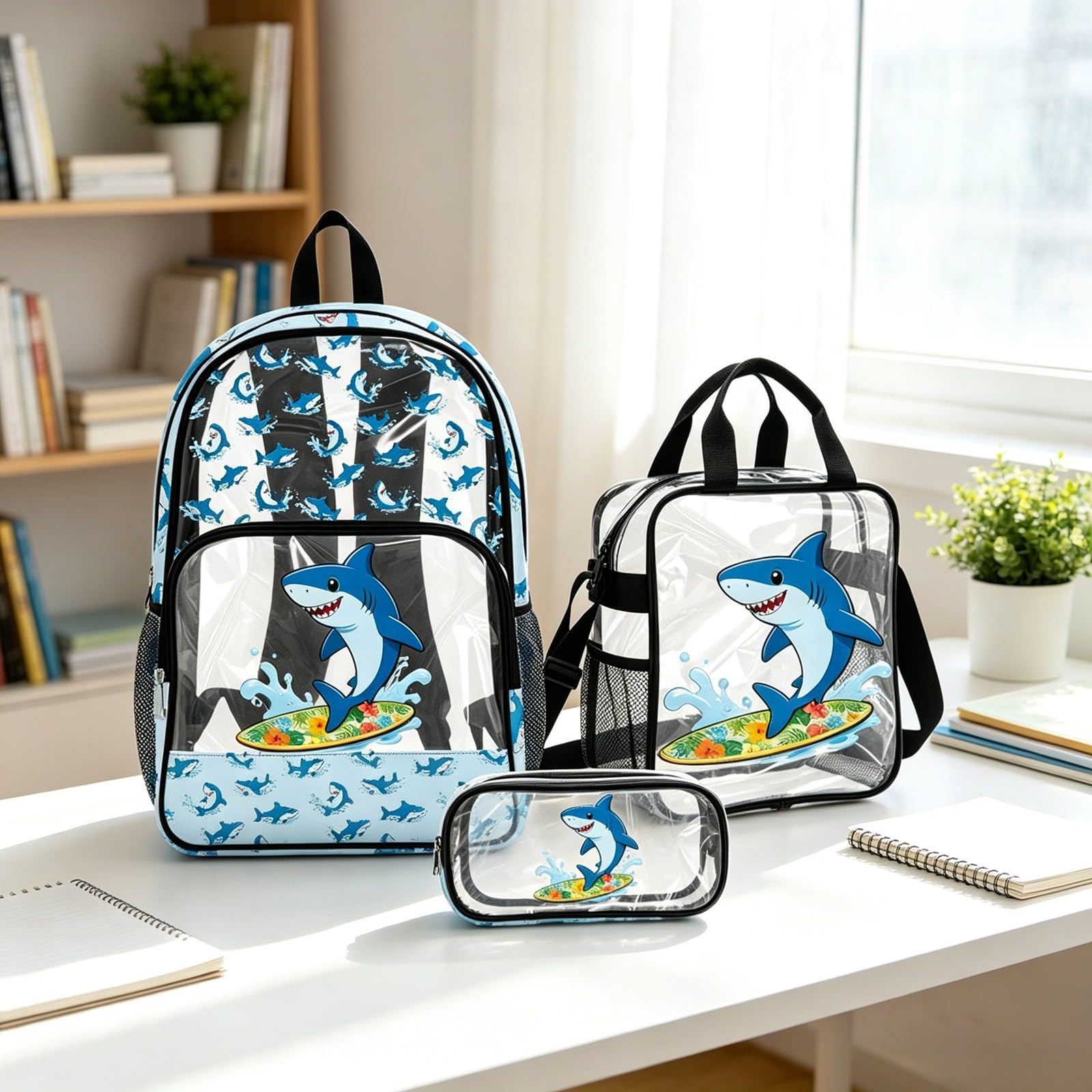 Juego de mochila transparente para niños y niñas con bolsa de almuerzo, estuche para lápices, mochila escolar duradera, paquete de 3 piezas, cómoda y ligera, c, Talla única, Clásico