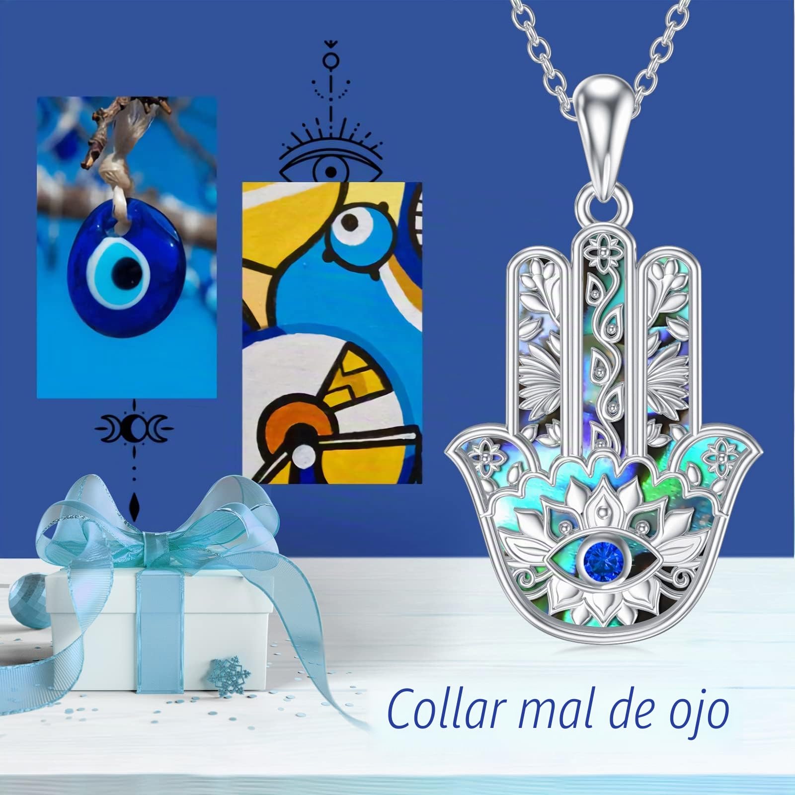 VONALA Collar de mal de ojo de plata de ley 925, joyería de mano de hamsa para mujeres y niñas, MIDDLE, Plata esterlina, Circonia cúbica