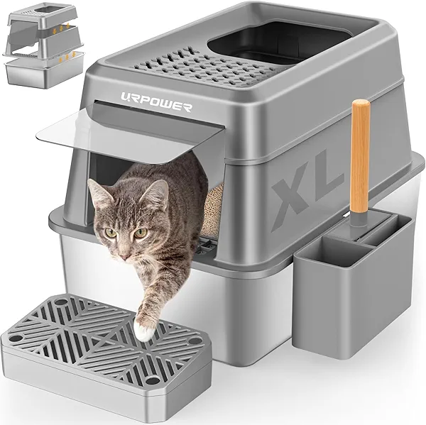 URPOWER Stainless Steel Cat Litter Box with Lid Extra Large Enclosed Litter Box for Cats Non-Sticky Metal Pan with High Sided Enclosure & Scoop, Front & Top Entry, Anti-Leakage, Easy Cleaning