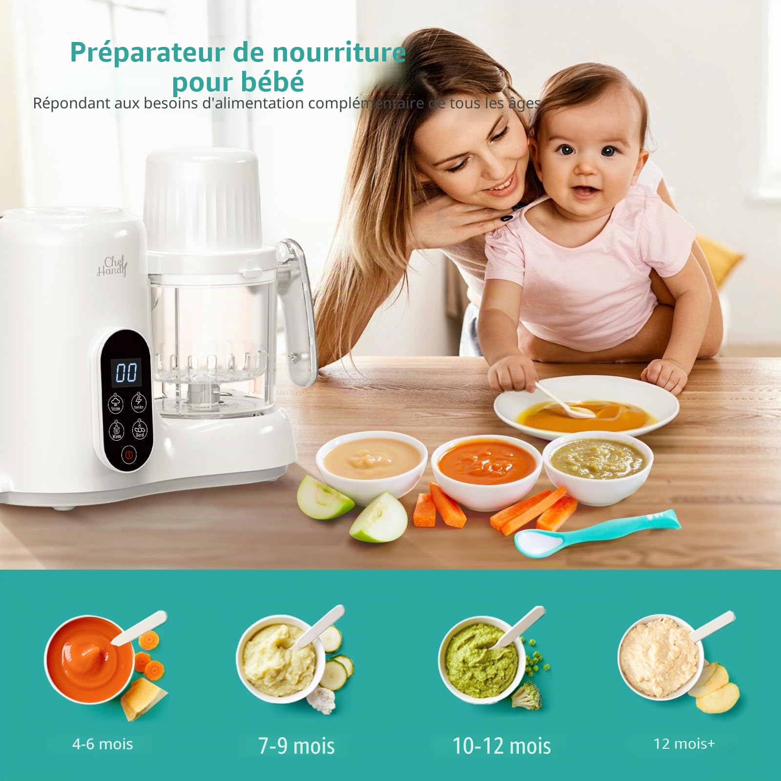 Chefhandy Robot Cuiseur Bébé 5 en 1 – mixeur cuiseur avec Cuiseur Vapeur Double, Mixeur Bébé, Chauffe-Biberon, Cuisson et Mixage Automatiques, Écran Tactile – Blanc