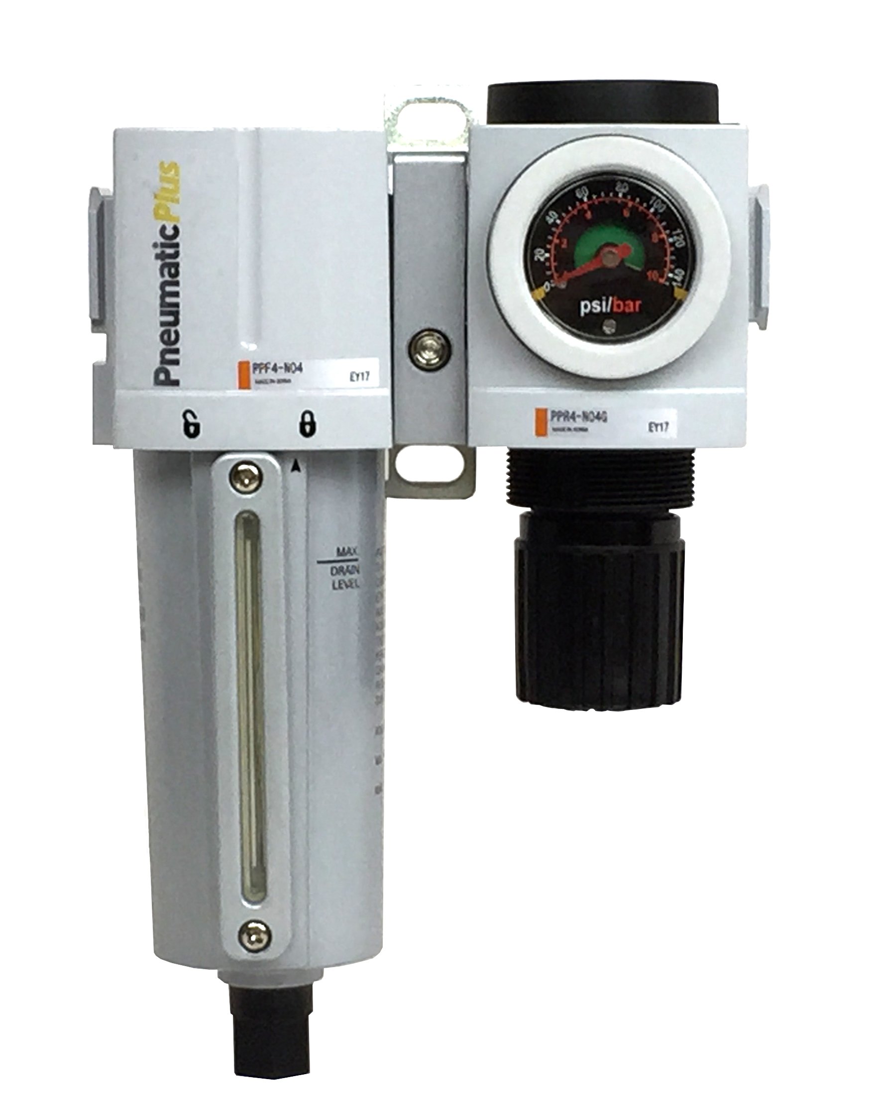 PneumaticPlus PPC4B-N06G-Q1 - Regolatore filtro aria compressa combinato 3/4" NPT - Scarico manuale, ciotola in metallo, calibro incorporato