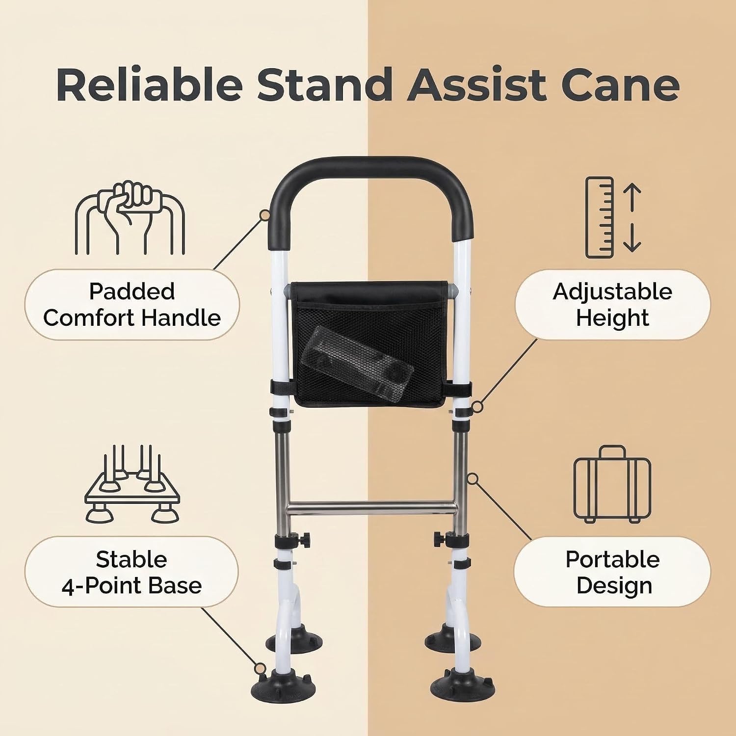 Stand Assist for Elderly, Quad Base Cane with 4 Large Suction Cups, Couch & Chair Stand Up Aid, Adjustable Height Mobility Support for Seniors, Up to 350 lbs (Lucky Clean White & Black)