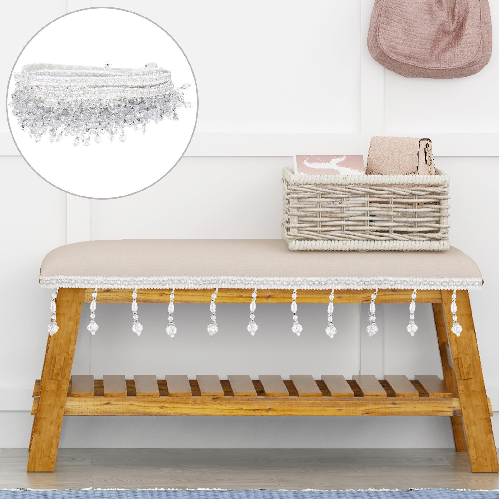 Garniture Décorative à Pompons de Perles pour Rideaux et Housses de Canapé, Frange à Perles en Polyester Blanc, Facile à Utiliser pour Bricolage Professionnel
